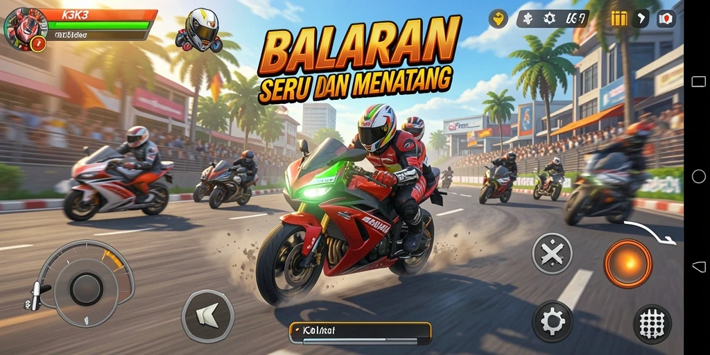 Gameplay K3K3 menampilkan balapan seru dengan berbagai motor di trek penuh tantangan.