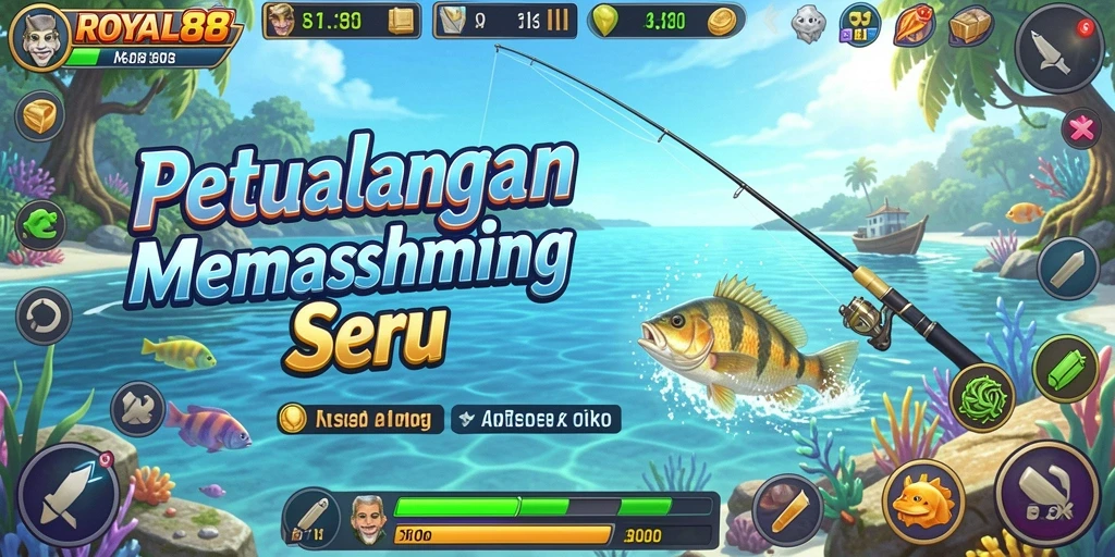 Screenshot gameplay <strong>ROYAL88</strong> dengan aksi memancing yang seru di pemandangan indah.