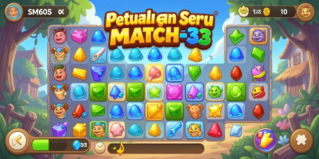 Tangkapan layar gameplay SM605 yang menampilkan kombinasi Match-3 yang menarik.