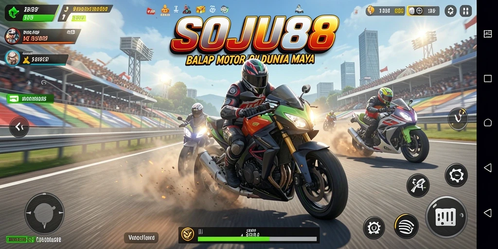 Tampilan gameplay balapan motor yang mendebarkan di SOJU88.