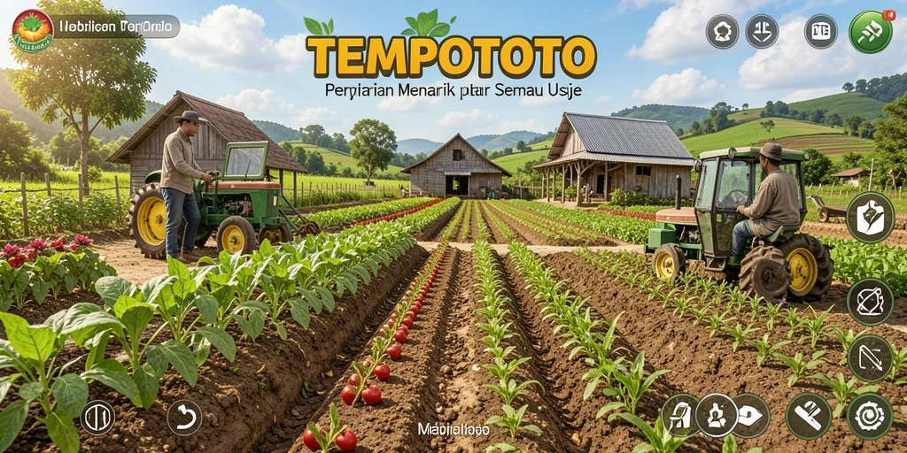 Screenshot dari gameplay TEMPOTOTO memperlihatkan kebun yang subur dan hewan ternak yang bahagia.